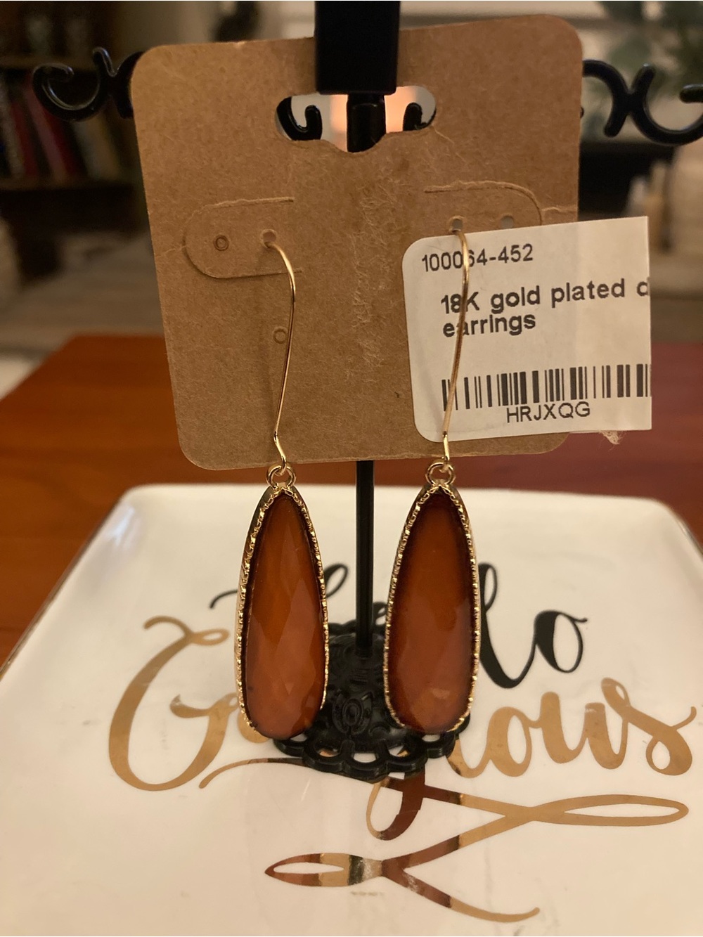 18K Gold Plated Teardrop Earrings with Caramel Brown